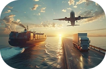 Vrachtschip, vliegtuig en transportwagen die goederen over internationale routes vervoeren tijdens zonsondergang, wat wereldwijde logistiek en vrachtbezorgdiensten symboliseert.